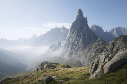 breathtaking view of pik labroche surrounded by majestic mountains and light clouds drifting in sky