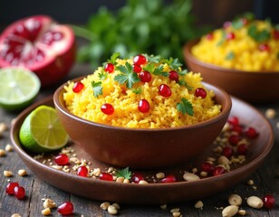 Close-up Poha sweet food, Indian cuisine dish with spices, pomegranate seeds, coriander. Vegan, vegetarian breakfast, brunch. Traditional preparation with rice, potato, cashew.