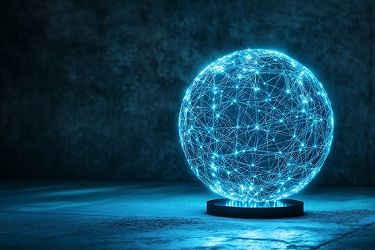 Illuminated blue digital globe with intricate network rests on a sleek platform in studio