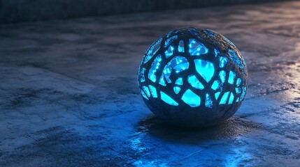 Mysterious glowing sphere illuminates textured stone surface with an ethereal blue light, creating an intriguing scene