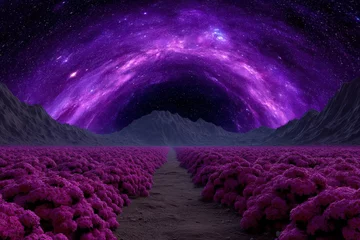 Fototapete Rund Enchanted landscape of vibrant purple flowers bathed in celestial light against a starry night sky showcasing the majesty of nature's beauty and the universe's wonders as they converge in harmony © Leo Rohmann