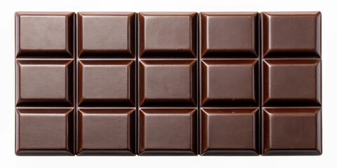 A chocolate bar with six square pieces, showcasing a smooth and glossy surface made of dark chocolate