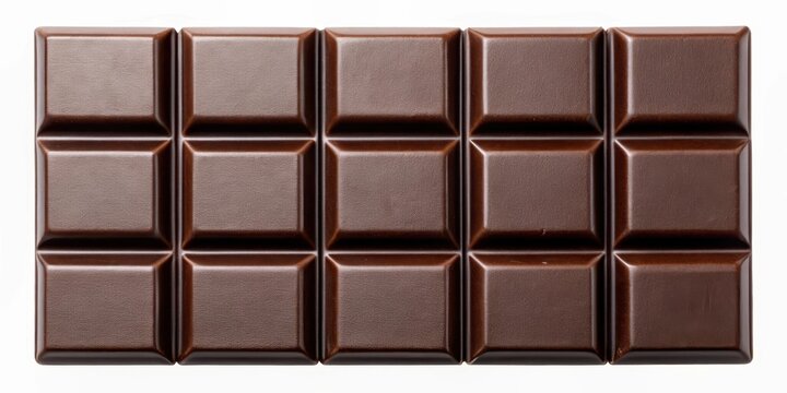 A chocolate bar with six square pieces, showcasing a smooth and glossy surface made of dark chocolate