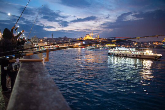 Fishing in the river in front of the Blue Mosque in Istanbul