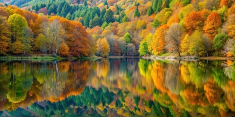 Naklejka premium Beech forest in autumn reflected in the lake waters of Selva de Irati, serene scene, beech forest