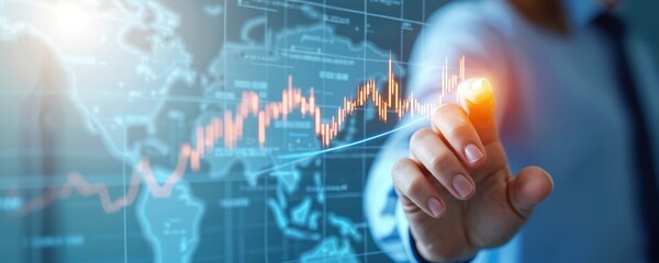 Obraz premium Business pro analyzes data trends, touches rising graph overlaying world map. Import tariffs policy impact concept, financial progress, economic growth, market analysis, investment, digital