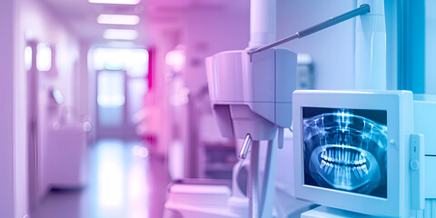 Naklejka na ściany i meble Modern medical imaging device with digital screen in bright hospital corridor for diagnostics 