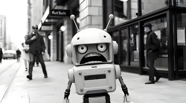 Fototapeta A monochrome candid street photograph of a scared robot cartoon character in an urban setting, capturing a spontaneous moment. The character exhibits exaggerated fear in its facial features 