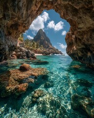 Fototapeta premium Tropical split view showing an underwater cave with turquoise water, coral seabed, and sunlit coastal cliffs