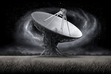 Majestic satellite dish positioned in a vast field under the cosmic night sky, capturing signals from the galaxy while surrounded by an enchanting starry backdrop of infinite possibilities