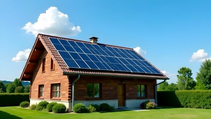 Sustainable house with solar panels surrounded by greenery on a sunny day in a rural setting