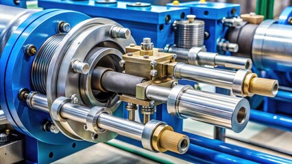 A hydraulic pump's mechanical components are visible through an open casing with various pipes and hoses exposed, technical device, machinery