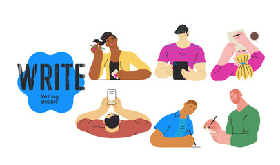 Writing people, modern flat vector concept illustrations set people writing on paper or device. Metaphor for reflection, insight, contemplation, creative expression