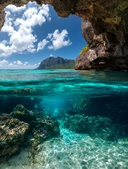 Obraz premium Tropical ocean cave with turquoise sea coral and sunlit coastal cliffs