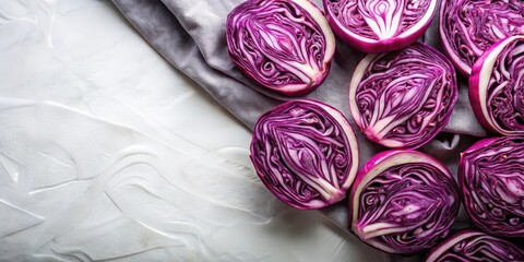Fototapeta premium Colorful sliced red cabbage on a white cloth backdrop , colorful, red, colorful,red,vegetables,backdrop