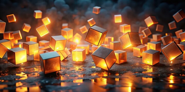 Glowing orange cubes scattered on a dark, mysterious surface with a subtle glow emanating from each cube, surrounded by an air of eeriness and suspense , geometric shapes, mysterious ambiance