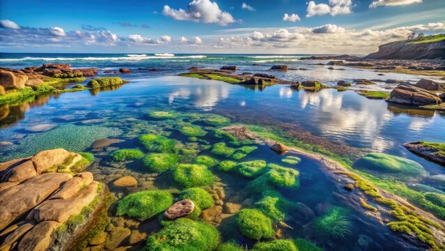 Rocky shoreline and tidal pools with seaweed and anemones surrounded by ocean waves in a serene landscape near Sydney , rockpool