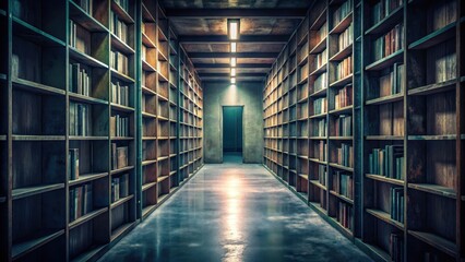 Fototapeta premium A solitary bookshelf lining an abandoned college library corridor, darkness, silence, darkness, silence