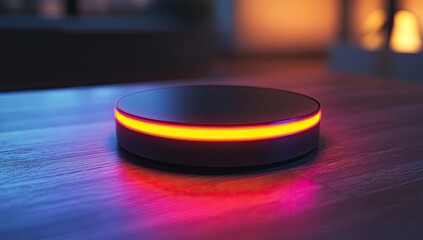 Circular device glows with vibrant light on a wooden surface