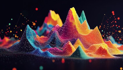 Colorful, abstract, 3D mountain range, rendered in vibrant hues.  Points and lines connect the shapes, creating a sense of depth and data visualization.  