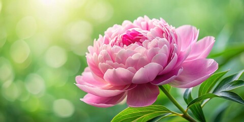 Fototapeta premium delicate pink peony petals unfolding gently from a lush green stem, revealing intricate details and soft texture , floral, pink, floral
