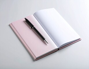 Open notebook with a pen.  A light pink, hardcover notebook is open, displaying blank white pages. A black pen rests diagonally across the open book.  The notebook and pen are set against a neutral gr