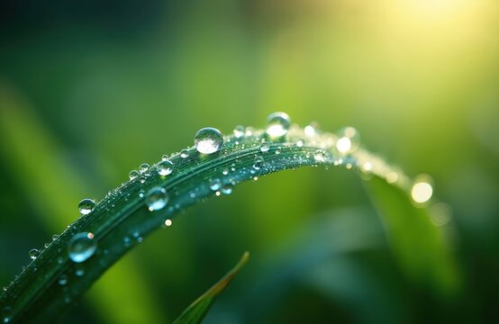 Hyper macro photo of grass blade with water dew drops, creating fresh, serene eco vibes. Green nature background with fresh morning light, bokeh effects. Minimalist design of nature. Nature, ecology,