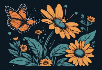 Aesthetic illustration of daisy flower and butterfly retro poster t shirt design, vector graphic, typographic poster or tshirts street wear and Urban sty