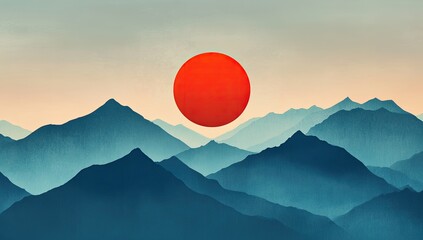 A serene, stylized mountain range scene with a bold red sun