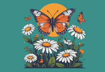 Aesthetic illustration of daisy flower and butterfly retro poster t shirt design, vector graphic, typographic poster or tshirts street wear and Urban sty