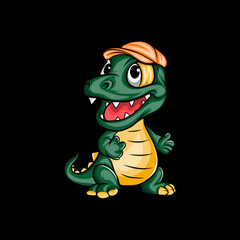 Adorable cartoon alligator wearing a cap smiling cheerfully on a black background