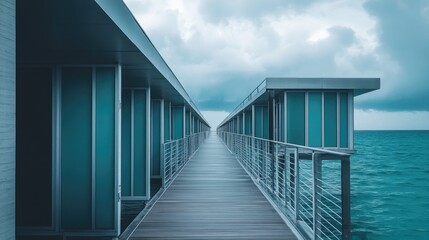 Obraz premium Row of water bungalows stretching into the sea under cloudy skies with turquoise ocean below
