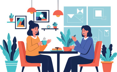 Two women enjoying coffee and conversation in a cozy modern cafe environment with plants and artwork 
