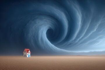 Dramatic scene of a surreal house standing alone against a swirling stormy sky illustrating the themes of isolation unpredictability and resilience in nature's powerful forces
