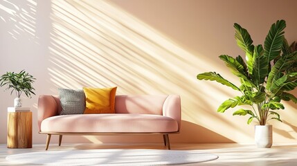 Cozy pink sofa with plants in stylish living room interior design