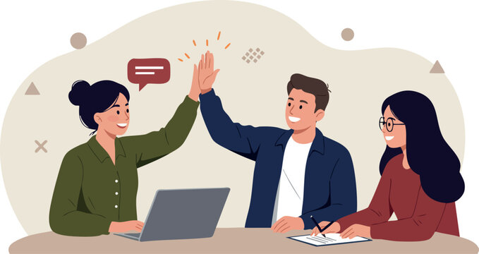 Team Celebrating Success with High Five in Office Workspace Interaction 