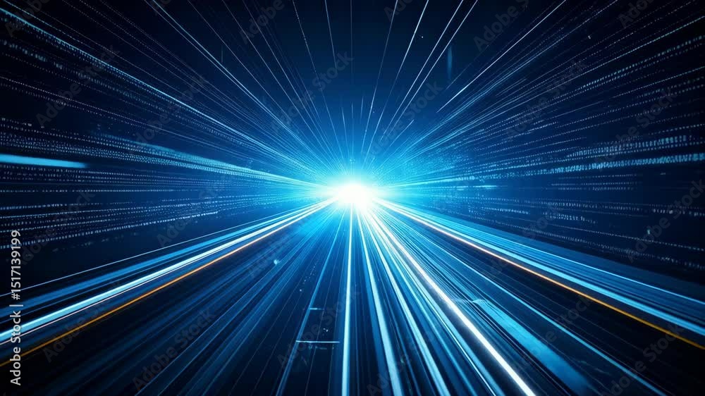 Poster abstract blue technology background with data streams converging at a central light source