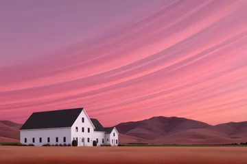 Gardinen Serene rural landscape featuring a rustic white farmhouse with a black roof and expansive fields beneath a stunning pink sky blending into the distant hills creating a tranquil and picturesque © Leo Rohmann