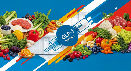 Vibrant arrangement of fruits, vegetables, and a syringe symbolizing GLP-1 therapy, emphasizing healthy lifestyle choices and nutrition