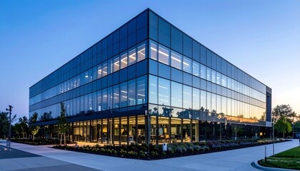 Obraz premium Modern Glass Office Building at Dusk Architectural Exterior Blue Hour Sky.