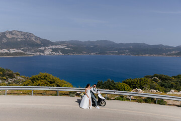 Couple celebrating wedding with stunning view