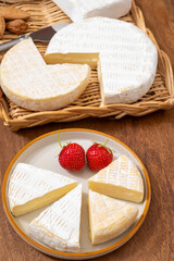French soft cheeses collection, creamy cow's milk cheese le paysan and brie with white mold, France