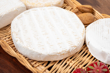 French soft cheeses collection, creamy cow's milk cheeses with white mold, France
