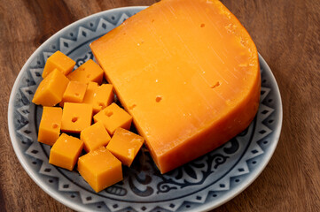 Cheese collection, Dutch ripe hard chees made from cow milk in the Netherlands in piece and in blocks close up