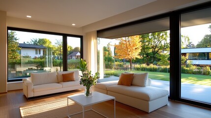 Fototapeta premium Bright and Modern Living Room with Large Windows and Garden View