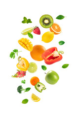 Mixed fruits with vegetable and leaves falling isolated on white background.