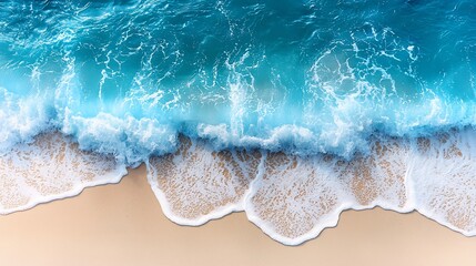 Obraz premium Top view of a sandy shore where a wave meets the beach, creating a beautiful scene