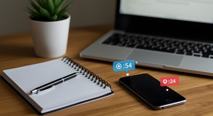 Smart Device Workplace Composition: An organized office setting featuring a smart device with integrated digital elements, alongside a notepad, a pen, a small plant, and a laptop on a wooden surface.