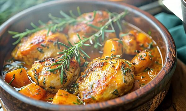 Close Up of Braised Chicken and Orange Squash in Wooden Bowl Garnished with Rosemary and Herbs on Wood Surface