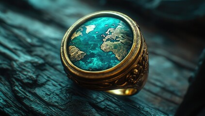 A gold signet ring, intricately detailed, showcases a globe